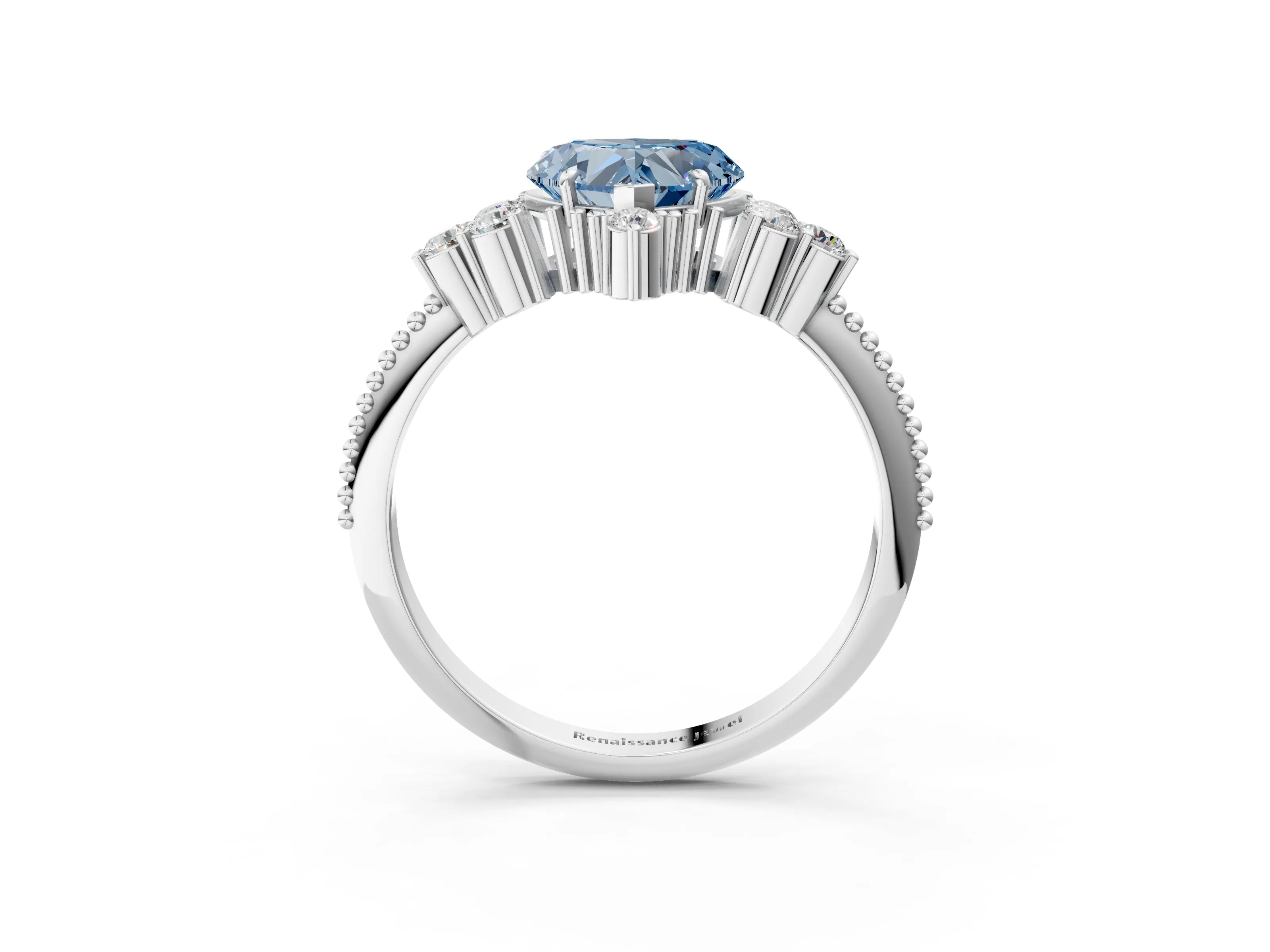 White gold Fancy Blue Heart Cut Brilliant Diamond with Cluster Setting on a Beaded Band and Four-Prong Setting_16
