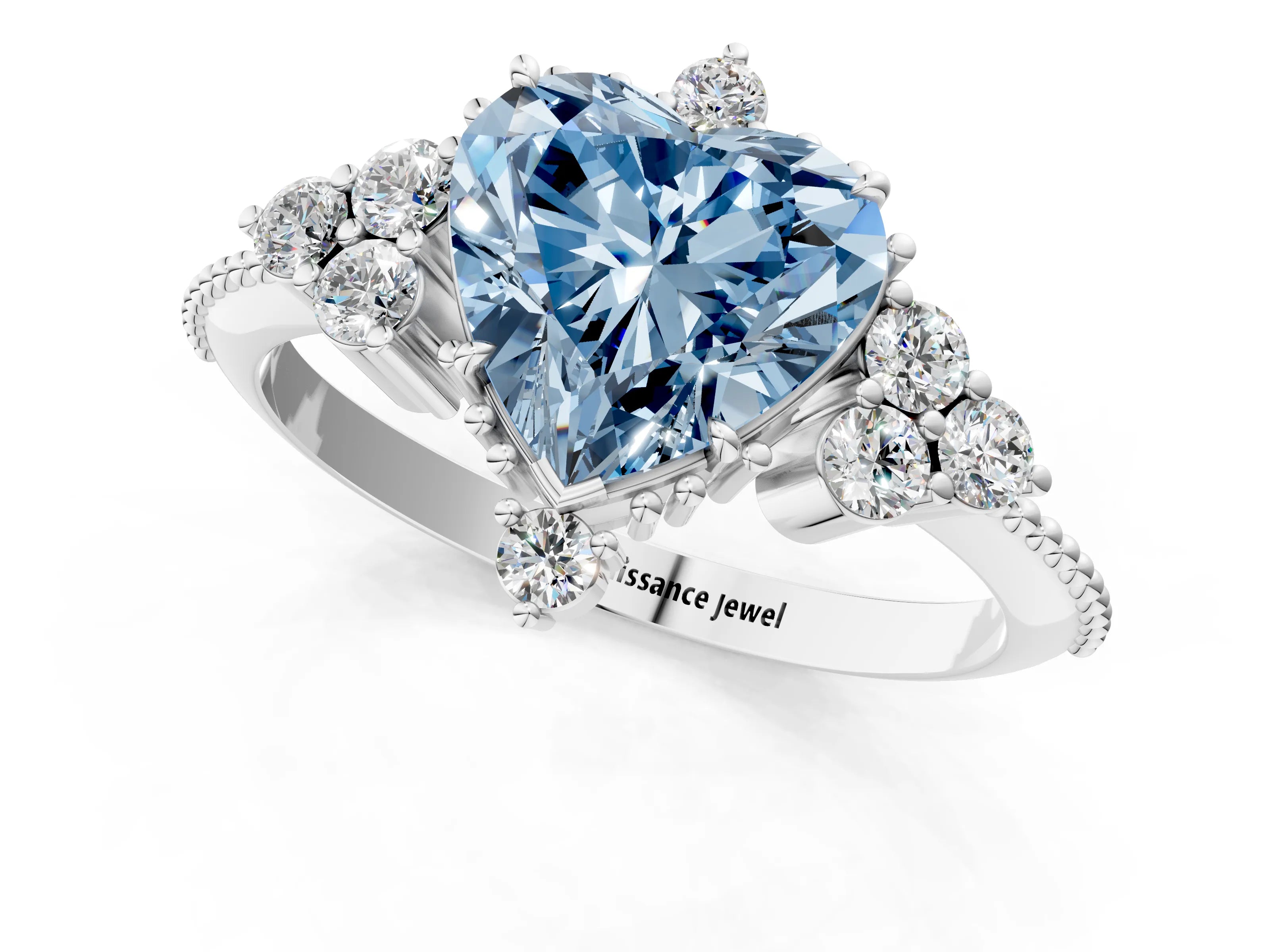 White gold Fancy Blue Heart Cut Brilliant Diamond with Cluster Setting on a Beaded Band and Four-Prong Setting_1