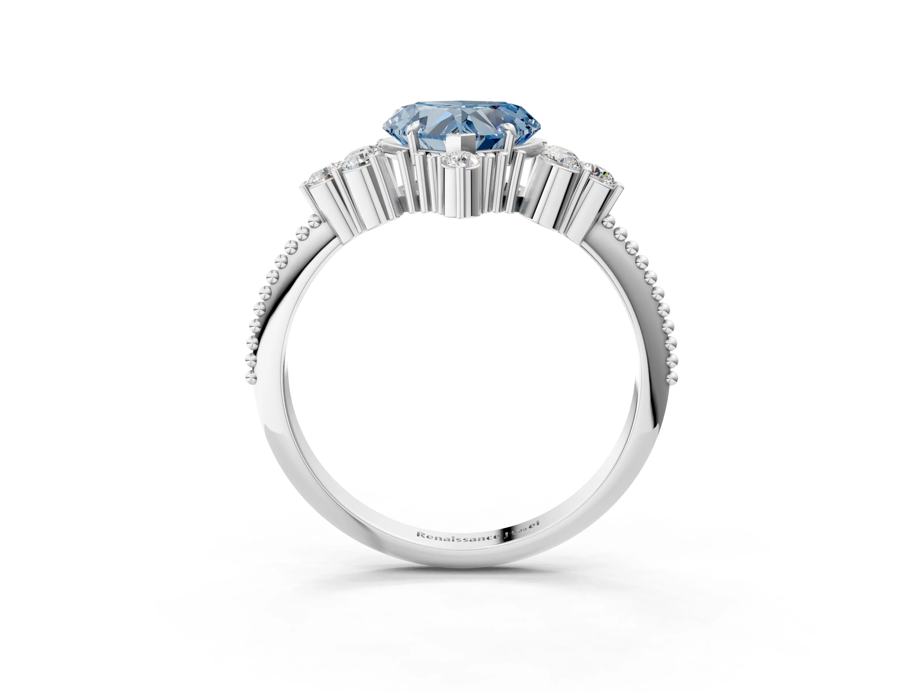 White gold Fancy Blue Heart Cut Brilliant Diamond with Cluster Setting on a Beaded Band and Four-Prong Setting_3
