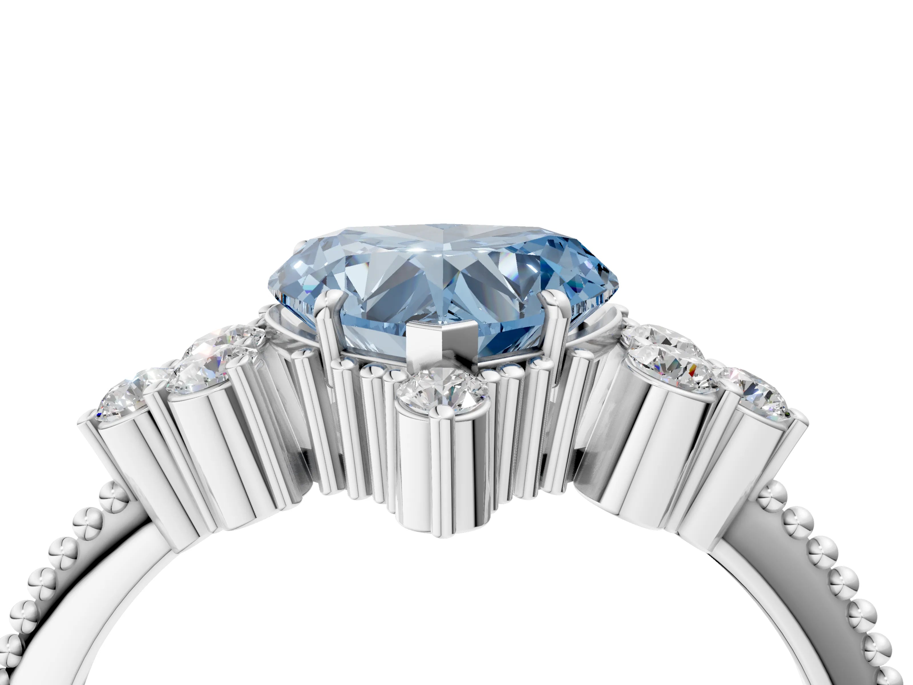 White gold Fancy Blue Heart Cut Brilliant Diamond with Cluster Setting on a Beaded Band and Four-Prong Setting_4