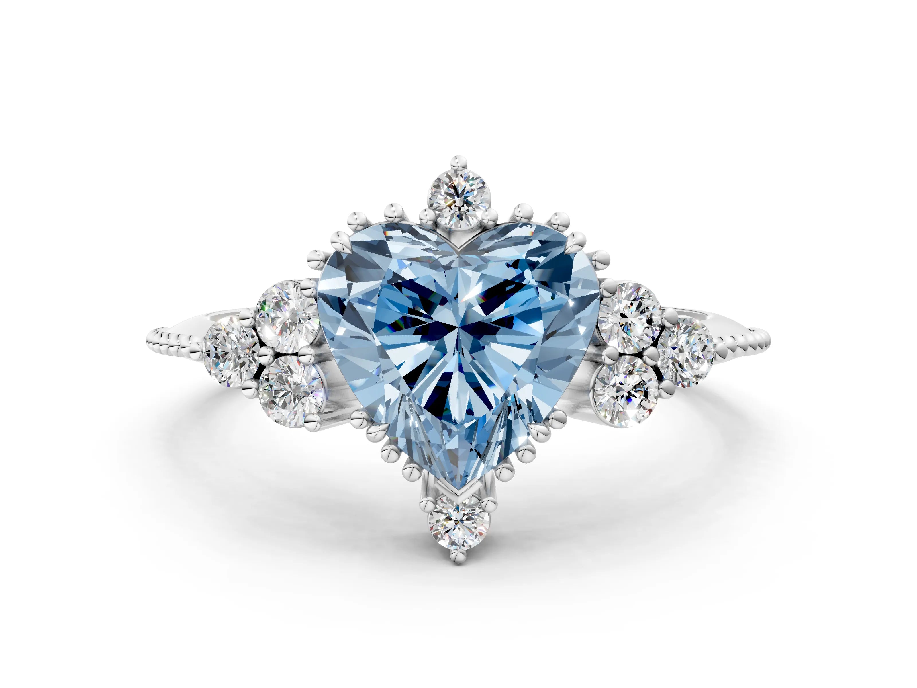 White gold Fancy Blue Heart Cut Brilliant Diamond with Cluster Setting on a Beaded Band and Four-Prong Setting