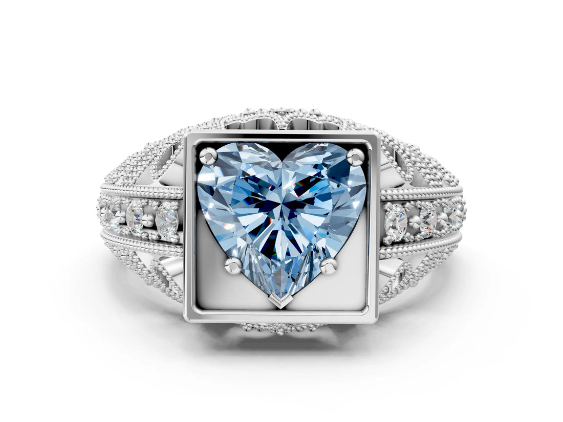 White gold Fancy Blue Heart Cut Brilliant Milgrain Filigree Diamond Ring with Square Prong Setting