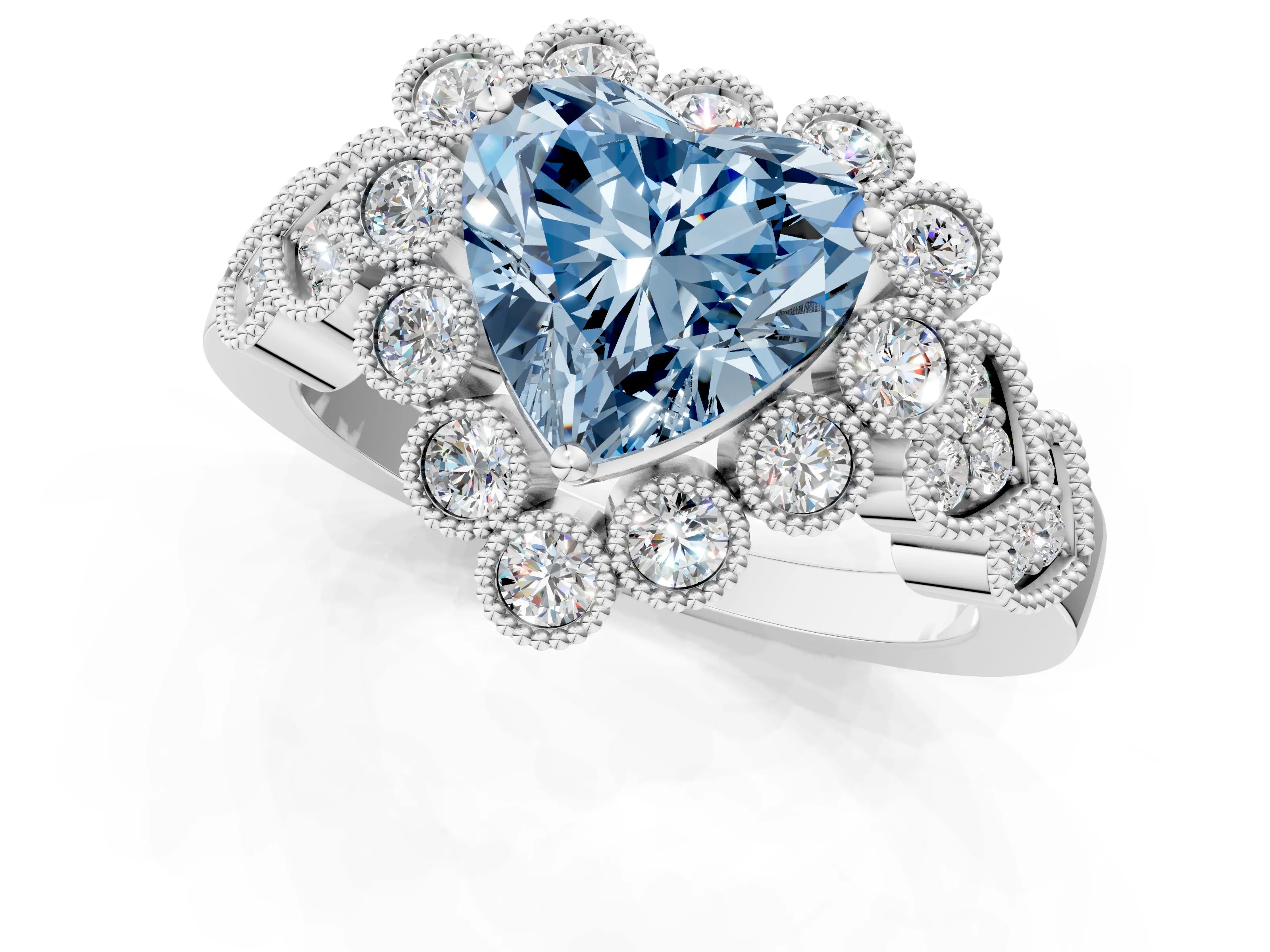 White gold Fancy Blue Heart Cut Brilliant Milgrain Pave Heart Band Solitaire Ring_1