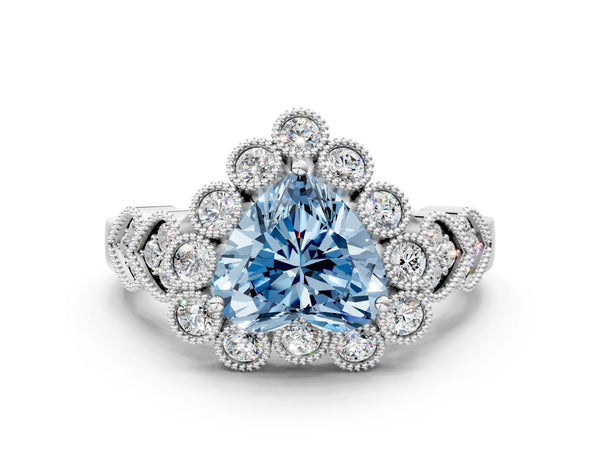 White gold Fancy Blue Heart Cut Brilliant Milgrain Pave Heart Band Solitaire Ring