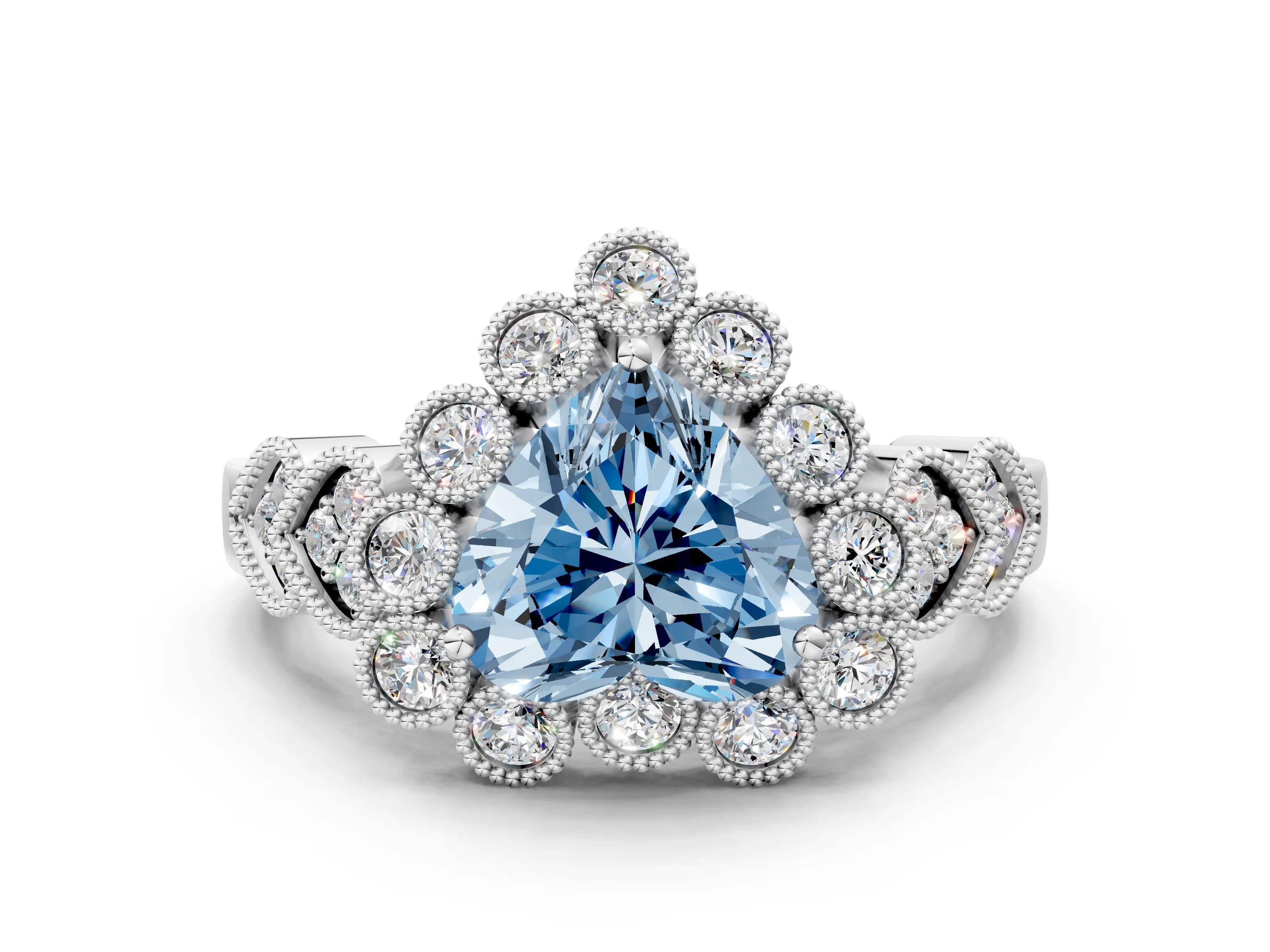 White gold Fancy Blue Heart Cut Brilliant Milgrain Pave Heart Band Solitaire Ring_12