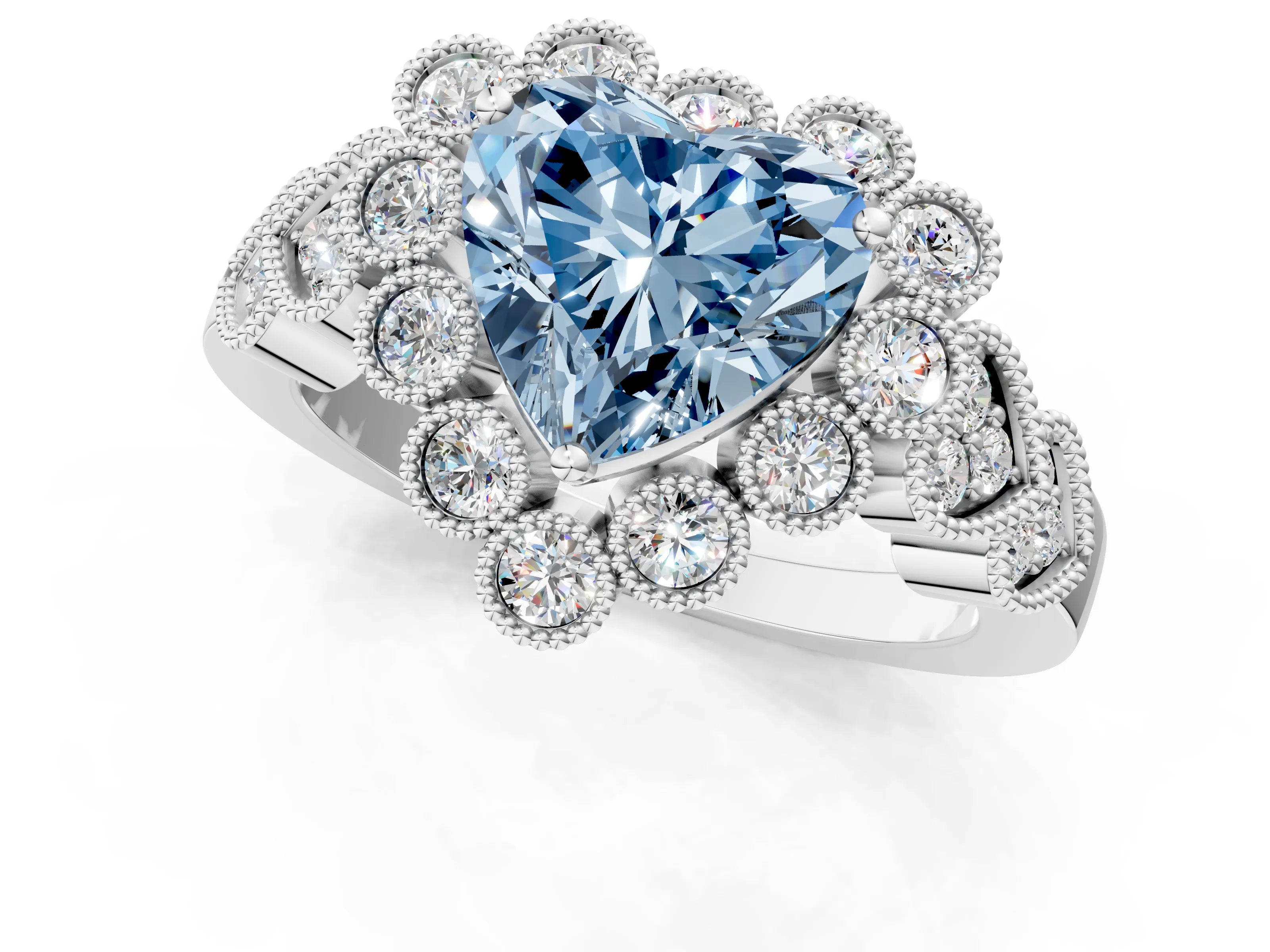 White gold Fancy Blue Heart Cut Brilliant Milgrain Pave Heart Band Solitaire Ring_13