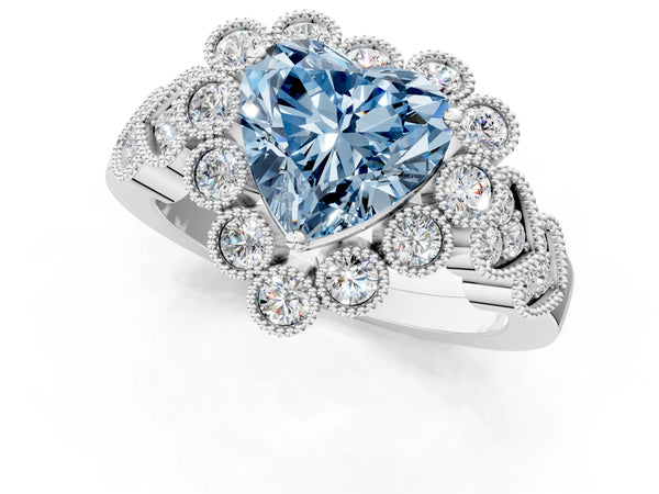 White gold Fancy Blue Heart Cut Brilliant Milgrain Pave Heart Band Solitaire Ring