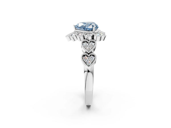 White gold Fancy Blue Heart Cut Brilliant Milgrain Pave Heart Band Solitaire Ring