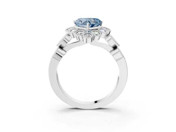 White gold Fancy Blue Heart Cut Brilliant Milgrain Pave Heart Band Solitaire Ring
