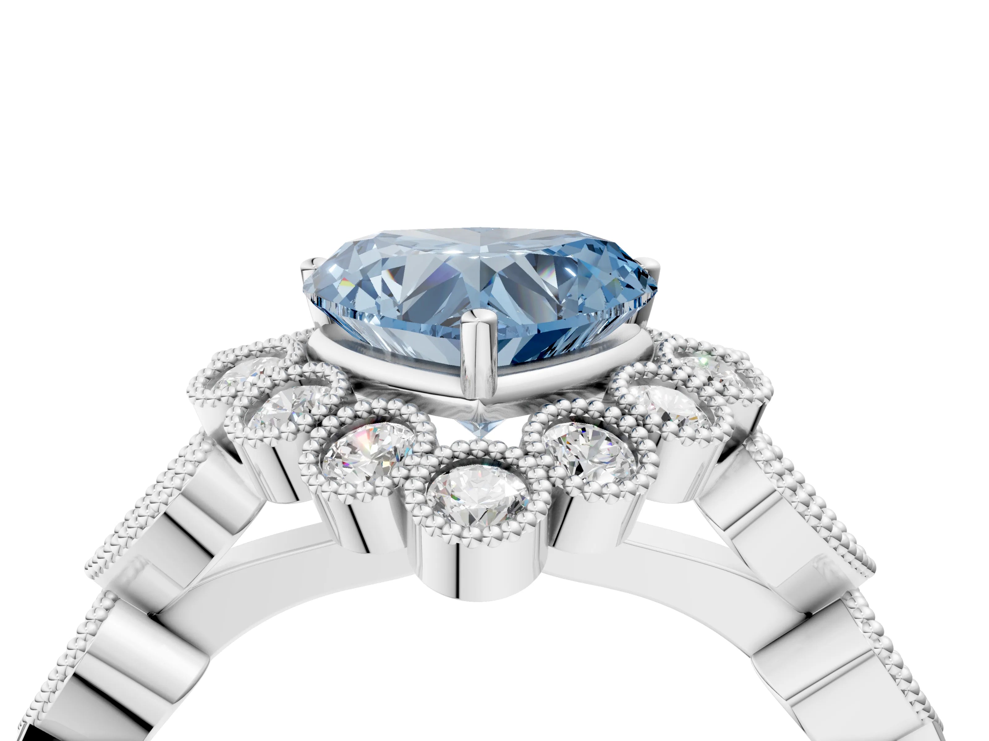 White gold Fancy Blue Heart Cut Brilliant Milgrain Pave Heart Band Solitaire Ring_16