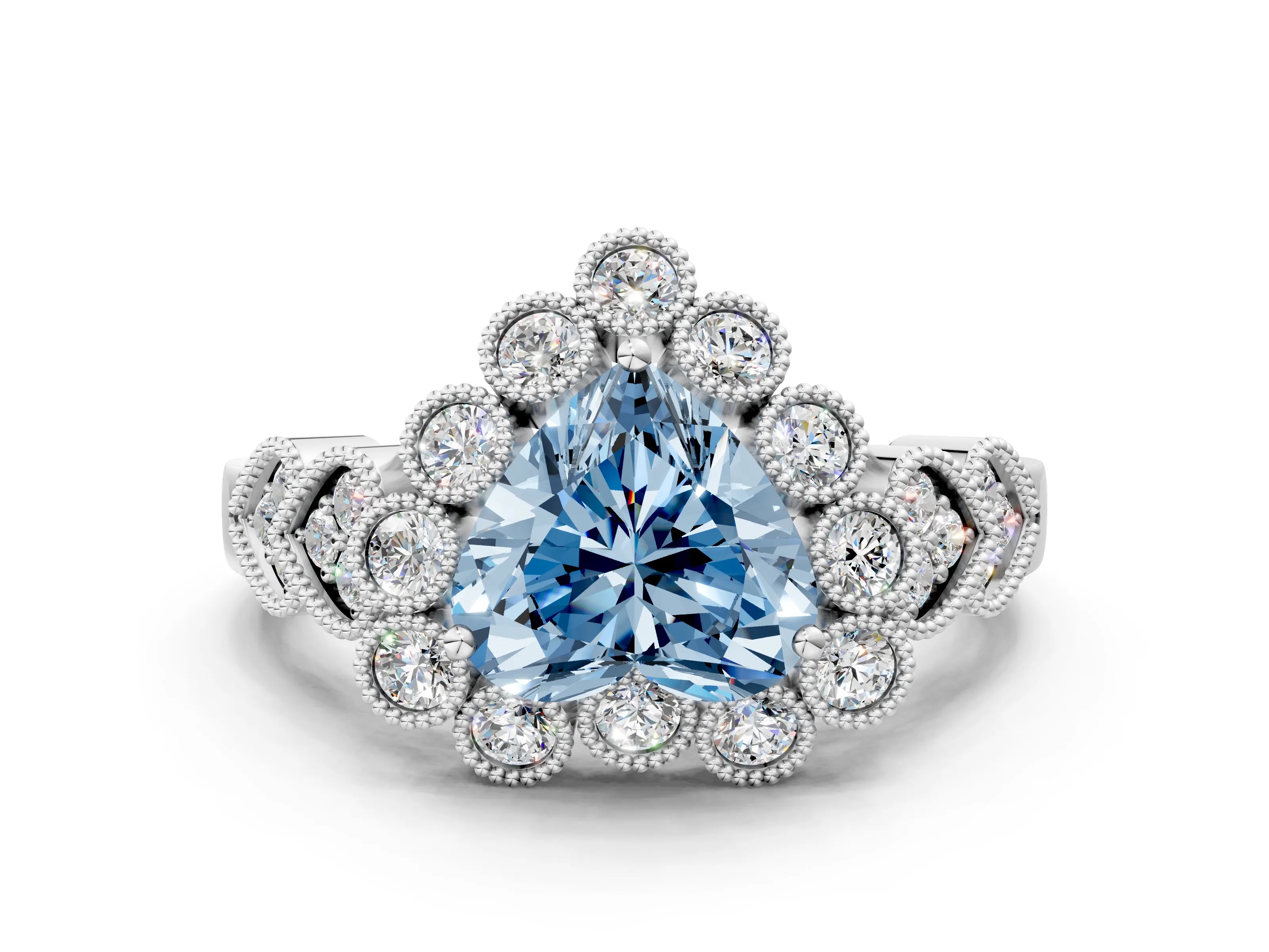 White gold Fancy Blue Heart Cut Brilliant Milgrain Pave Heart Band Solitaire Ring