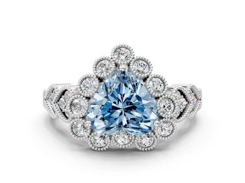 White gold Fancy Blue Heart Cut Brilliant Milgrain Pave Heart Band Solitaire Ring