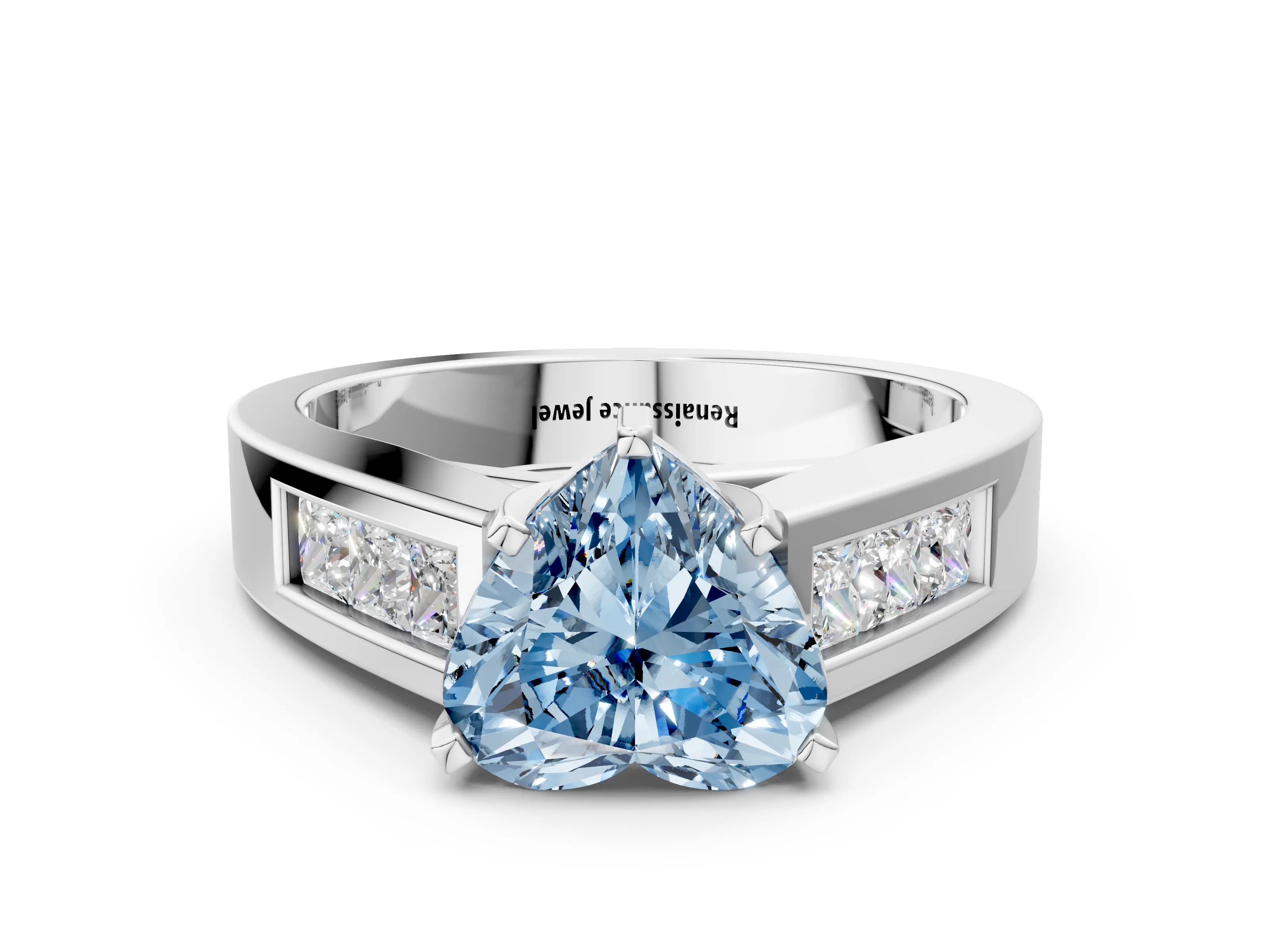 White gold Fancy Blue Heart Cut Cut Channel Set Solitaire Ring with Four-Prong Setting