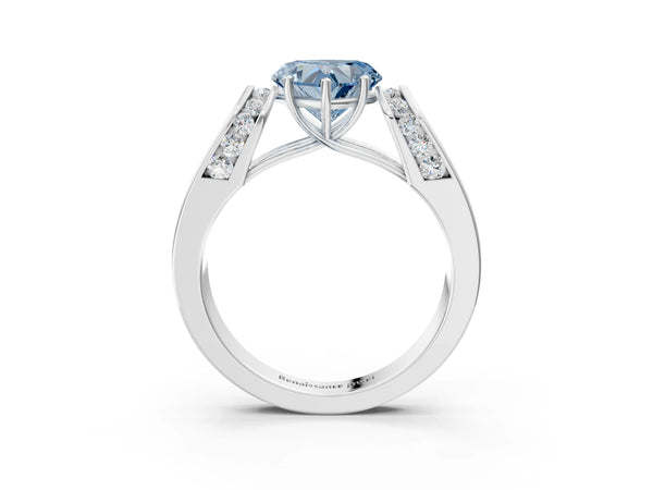 White gold Fancy Blue Heart Cut Cut Diamond Channel Set Solitaire Ring with Four-Prong Setting