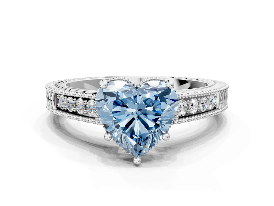 White gold Fancy Blue Heart Cut Cut Diamond Milgrain Pave Band Four-Prong Setting Ring_15