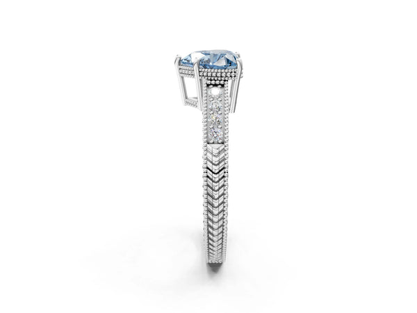 White gold Fancy Blue Heart Cut Cut Diamond Milgrain Pave Band Four-Prong Setting Ring