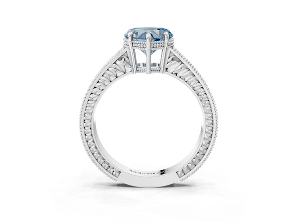 White gold Fancy Blue Heart Cut Cut Diamond Milgrain Pave Band Four-Prong Setting Ring