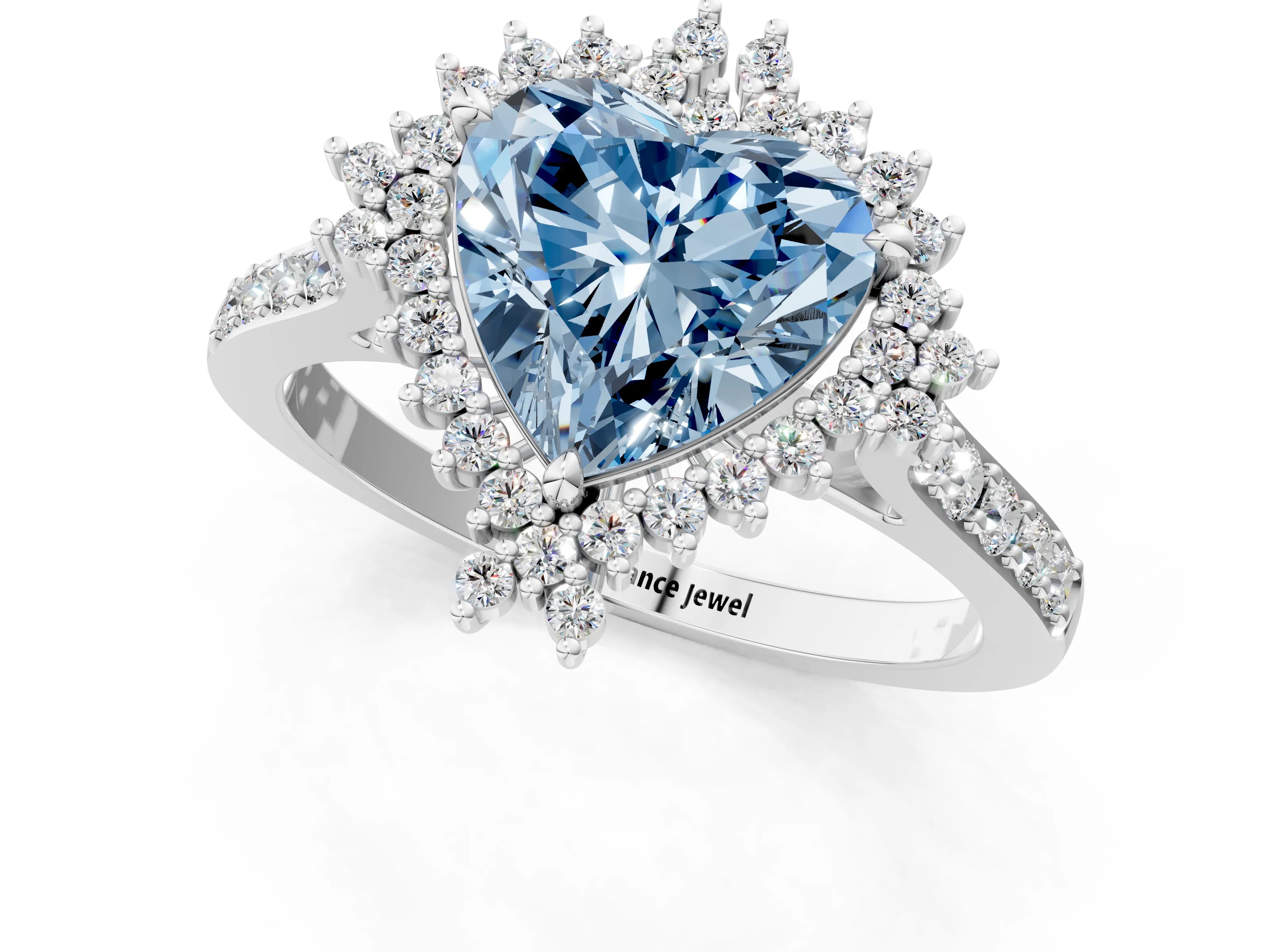 White gold Fancy Blue Heart Cut Cut Diamond Sunburst Halo Engagement Ring with Pavé Band_13