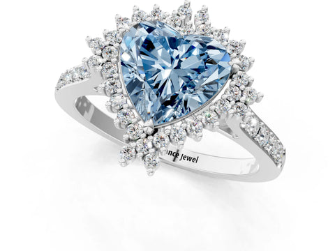 White gold Fancy Blue Heart Cut Cut Diamond Sunburst Halo Engagement Ring with Pavé Band_13