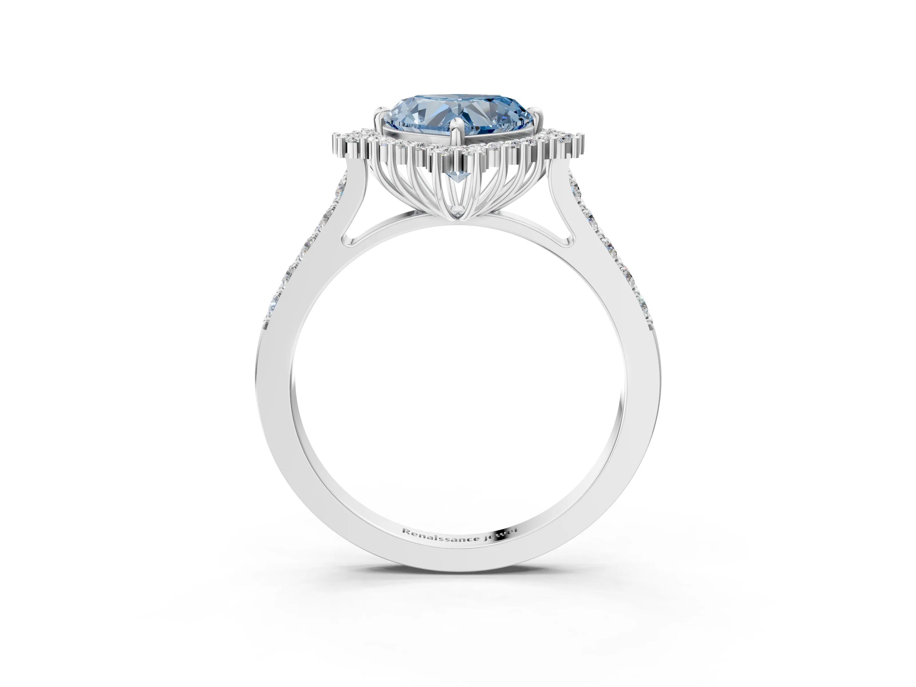 White gold Fancy Blue Heart Cut Cut Diamond Sunburst Halo Engagement Ring with Pavé Band_15