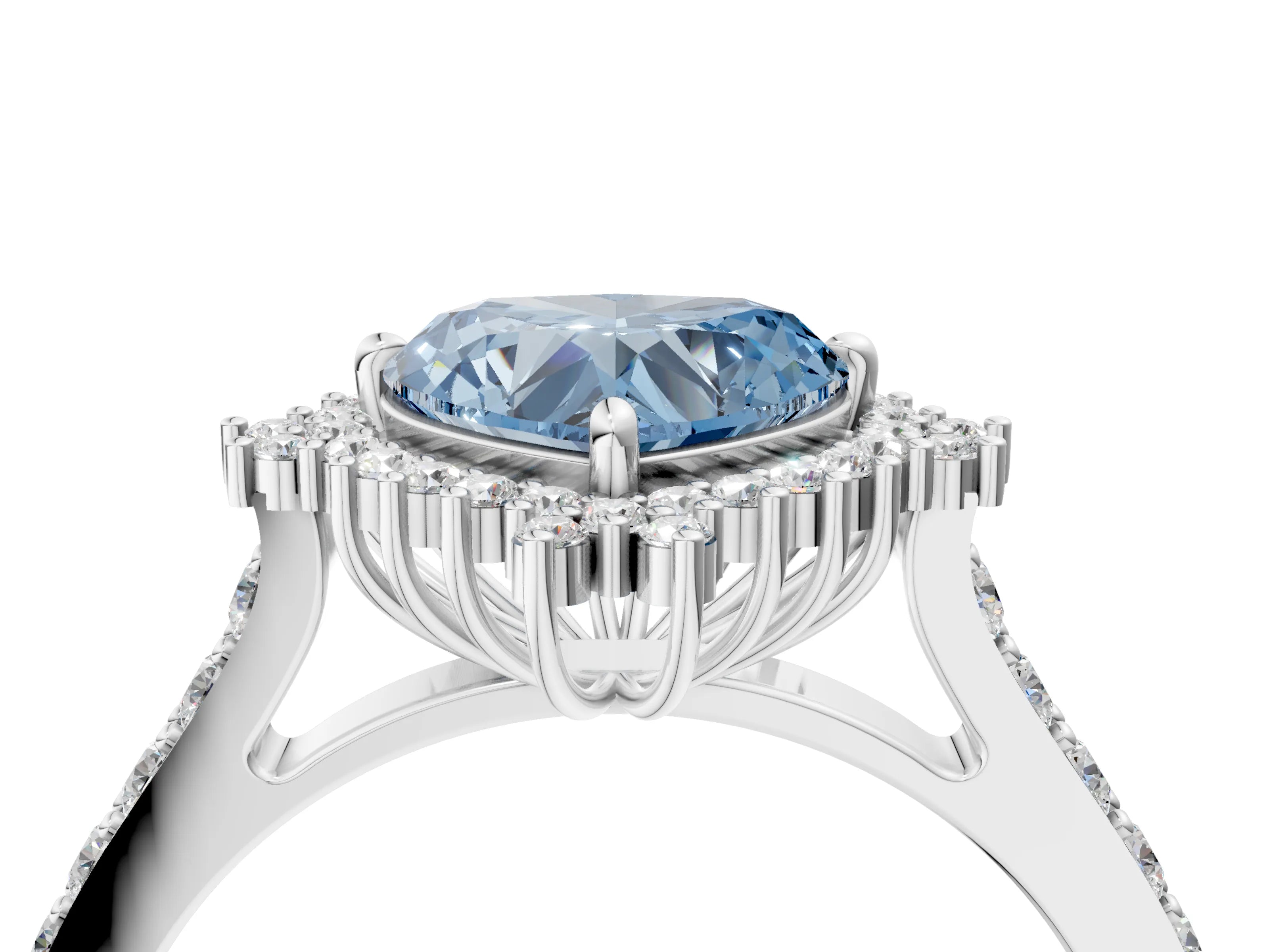 White gold Fancy Blue Heart Cut Cut Diamond Sunburst Halo Engagement Ring with Pavé Band_16