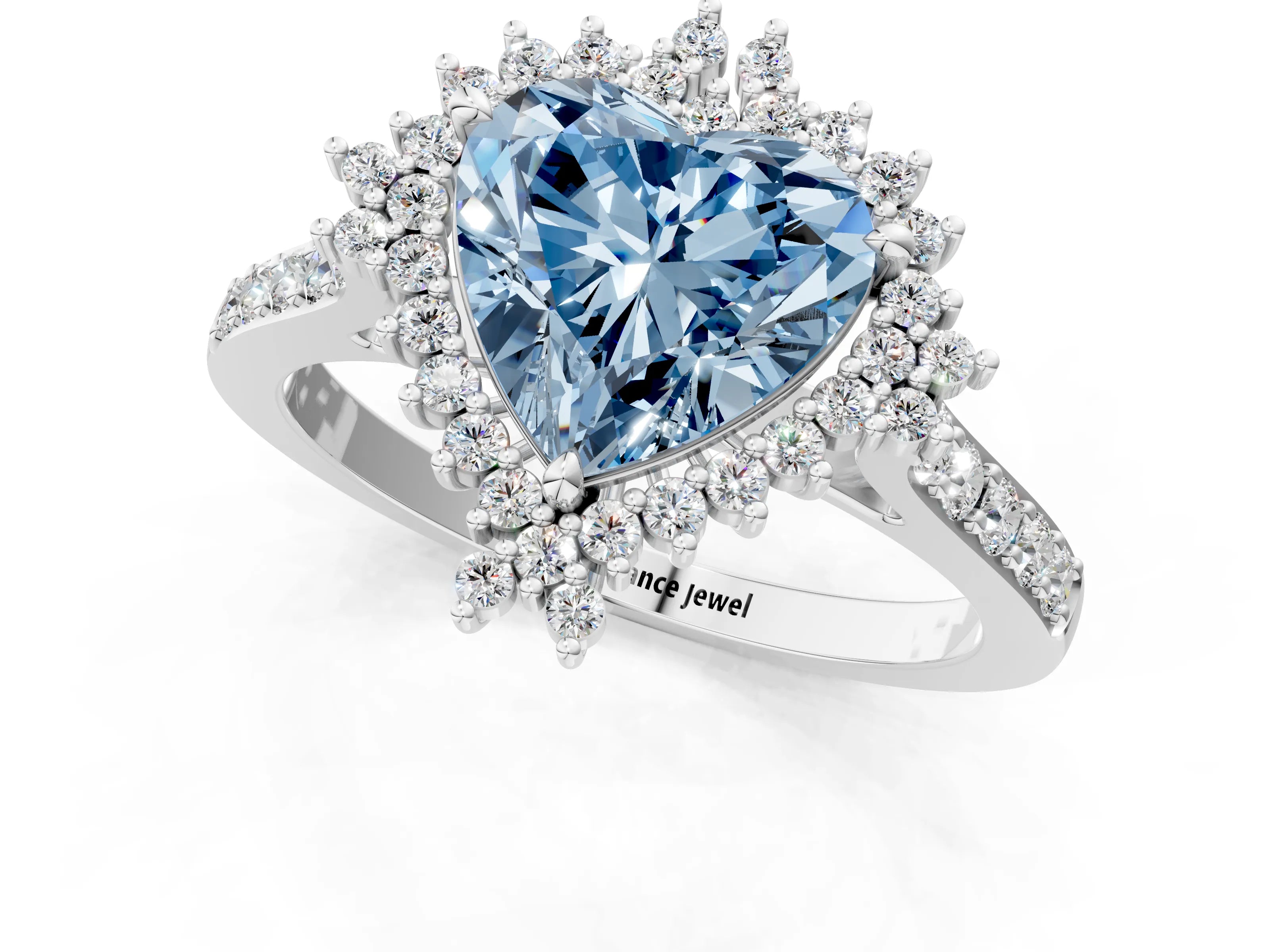 White gold Fancy Blue Heart Cut Cut Diamond Sunburst Halo Engagement Ring with Pavé Band_1