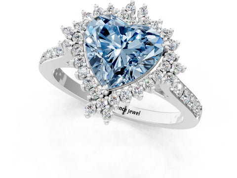 White gold Fancy Blue Heart Cut Cut Diamond Sunburst Halo Engagement Ring with Pavé Band_1