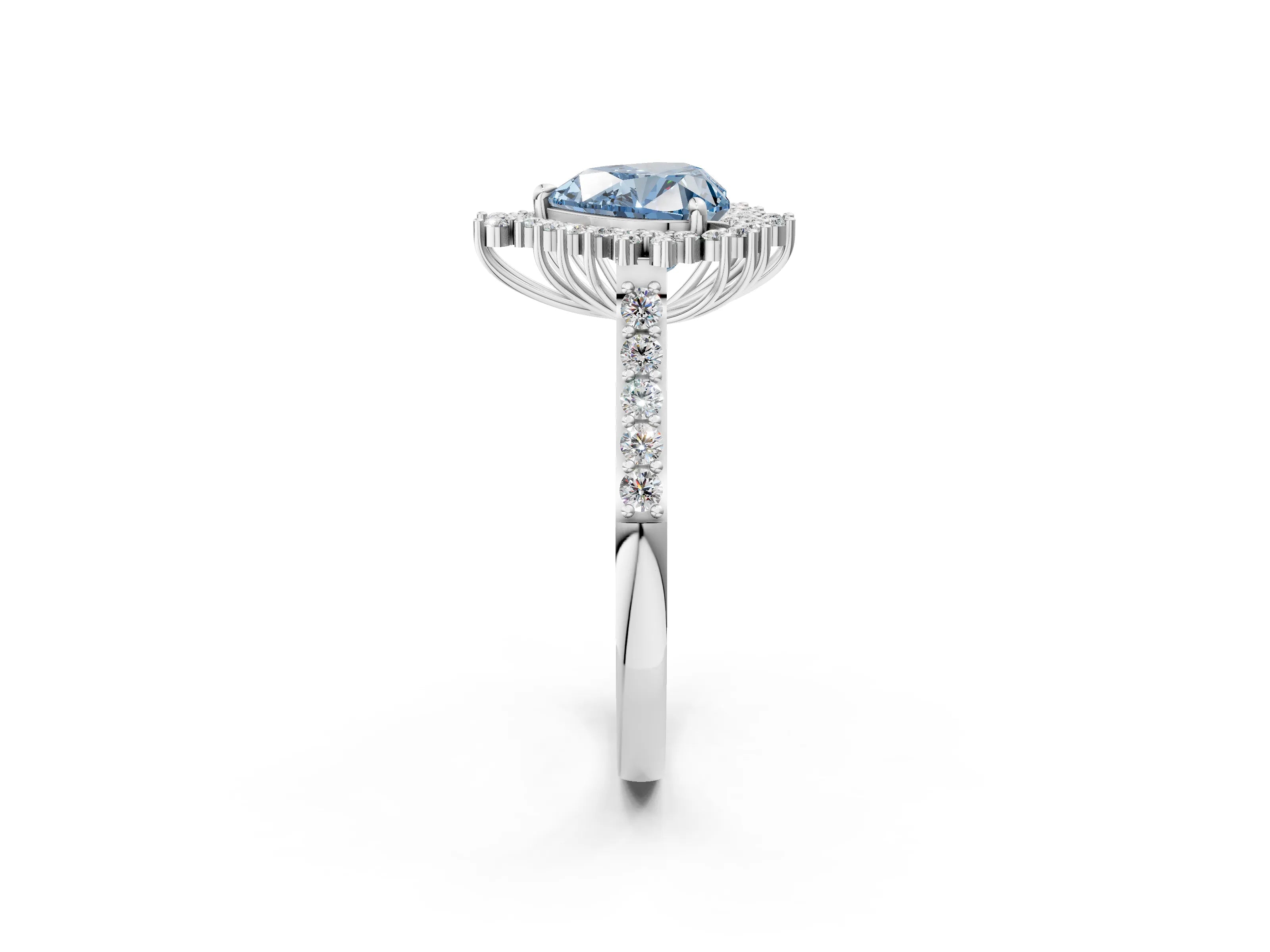 White gold Fancy Blue Heart Cut Cut Diamond Sunburst Halo Engagement Ring with Pavé Band_2