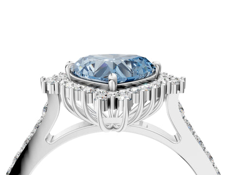 White gold Fancy Blue Heart Cut Cut Diamond Sunburst Halo Engagement Ring with Pavé Band_4
