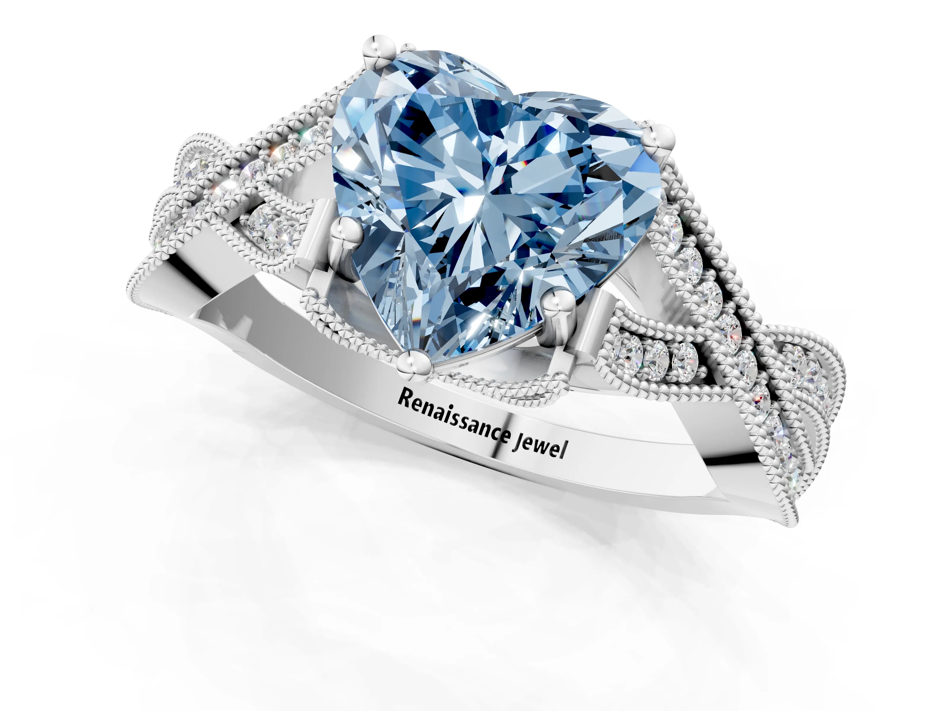 White gold Fancy Blue Heart Cut Cut Diamond Twisted Band with Milgrain Pave Setting and Four-Prong Setting_1