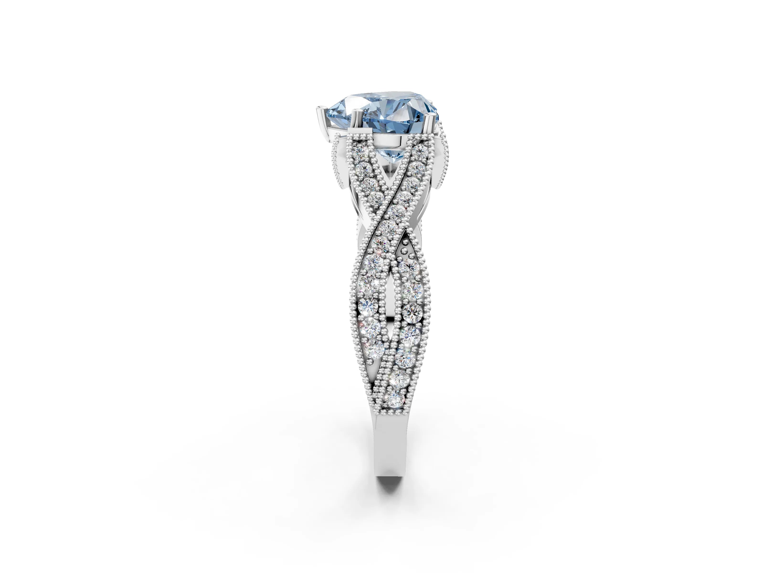 White gold Fancy Blue Heart Cut Cut Diamond Twisted Band with Milgrain Pave Setting and Four-Prong Setting_2