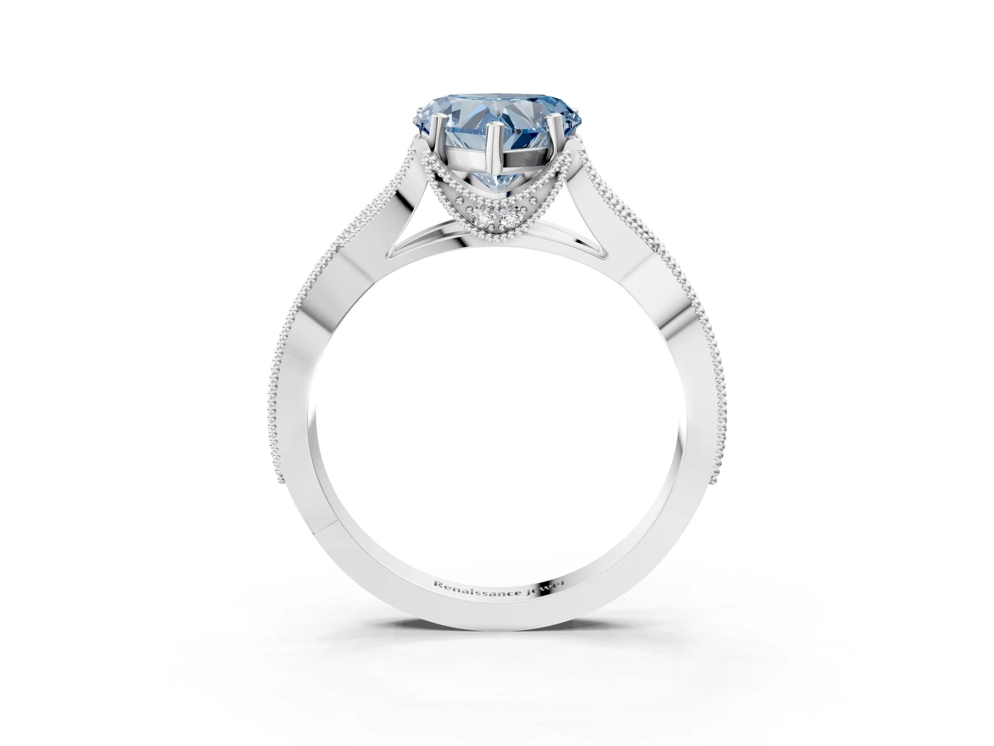 White gold Fancy Blue Heart Cut Cut Diamond Twisted Band with Milgrain Pave Setting and Four-Prong Setting_3