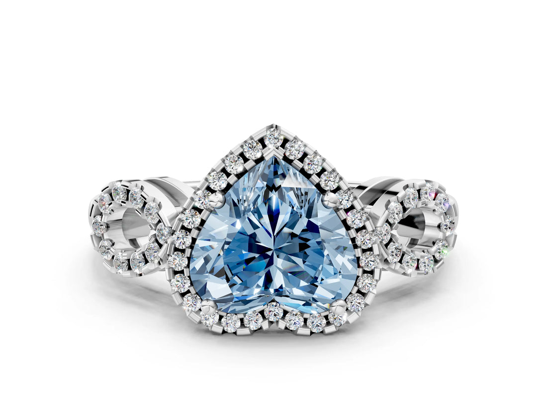 White gold Fancy Blue Heart Cut Cut Halo Diamond Infinity Band with Four-Prong Setting