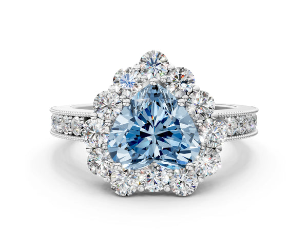 White gold Fancy Blue Heart Cut Cut Halo Diamond Pavé Engagement Ring with Milgrain Detailing