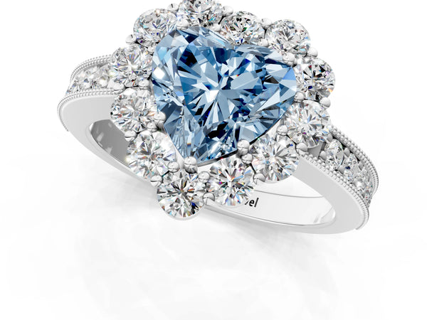 White gold Fancy Blue Heart Cut Cut Halo Diamond Pavé Engagement Ring with Milgrain Detailing