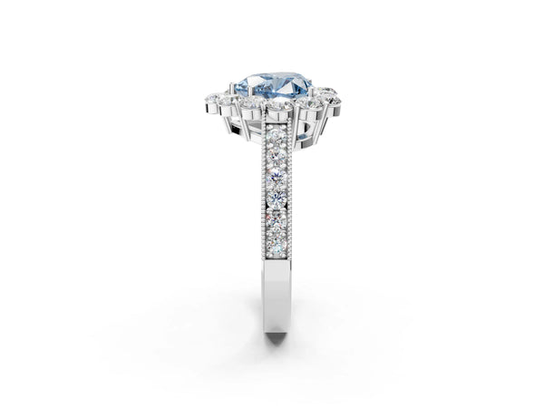 White gold Fancy Blue Heart Cut Cut Halo Diamond Pavé Engagement Ring with Milgrain Detailing