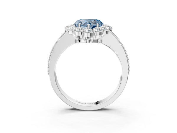 White gold Fancy Blue Heart Cut Cut Halo Diamond Pavé Engagement Ring with Milgrain Detailing
