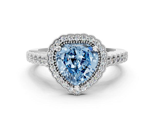 Platinum Fancy Blue Heart Cut Cut Halo Pavé Solitaire Ring with Milgrain Band