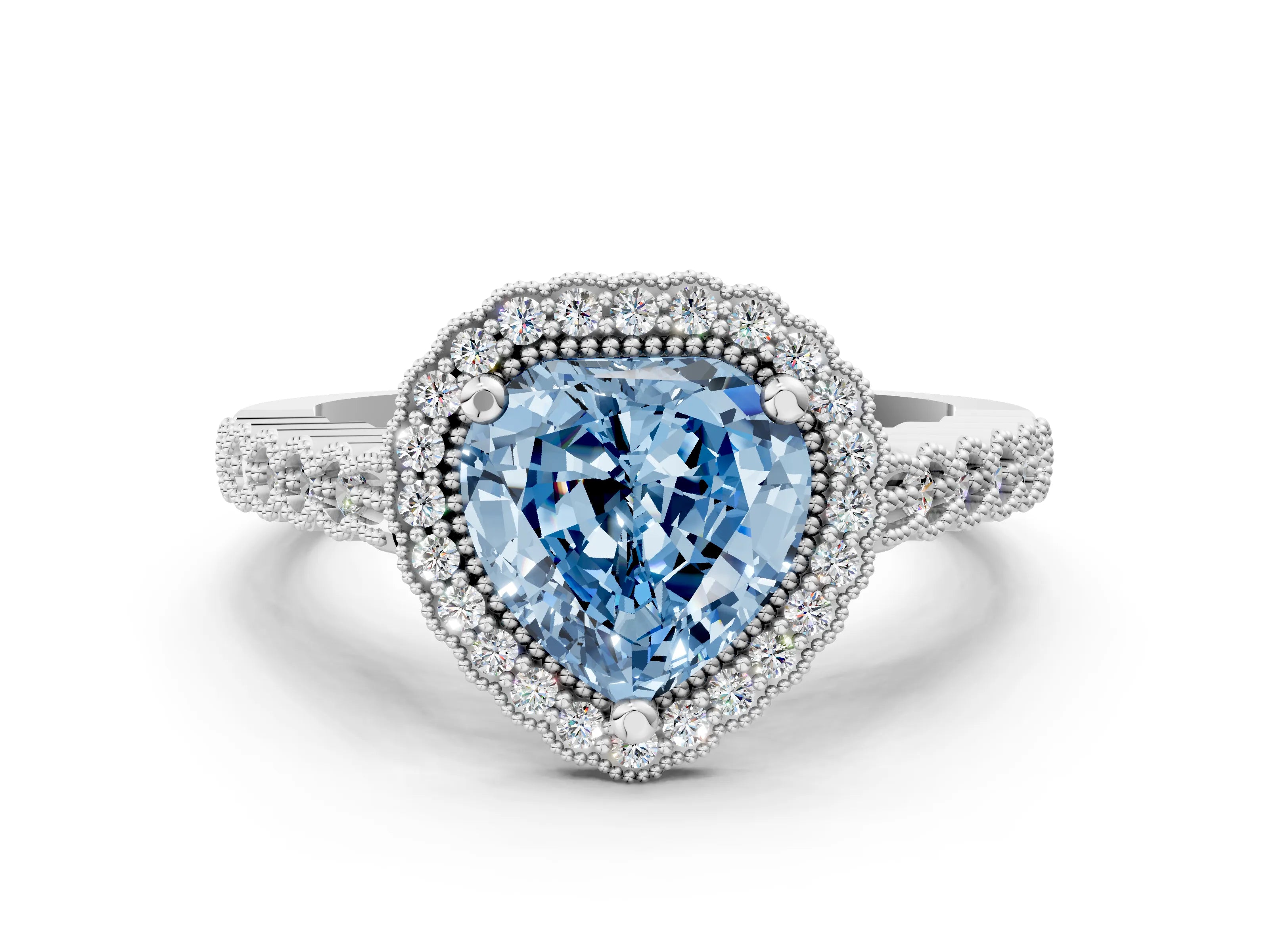 White gold Fancy Blue Heart Cut Cut Halo Pavé Solitaire Ring with Milgrain Band_12