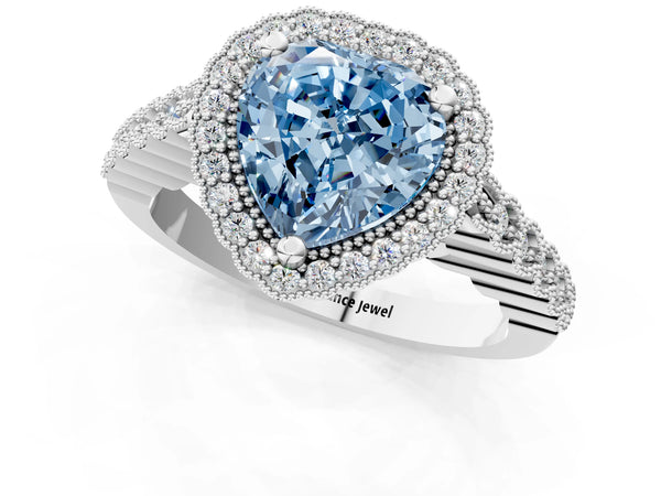 Platinum Fancy Blue Heart Cut Cut Halo Pavé Solitaire Ring with Milgrain Band