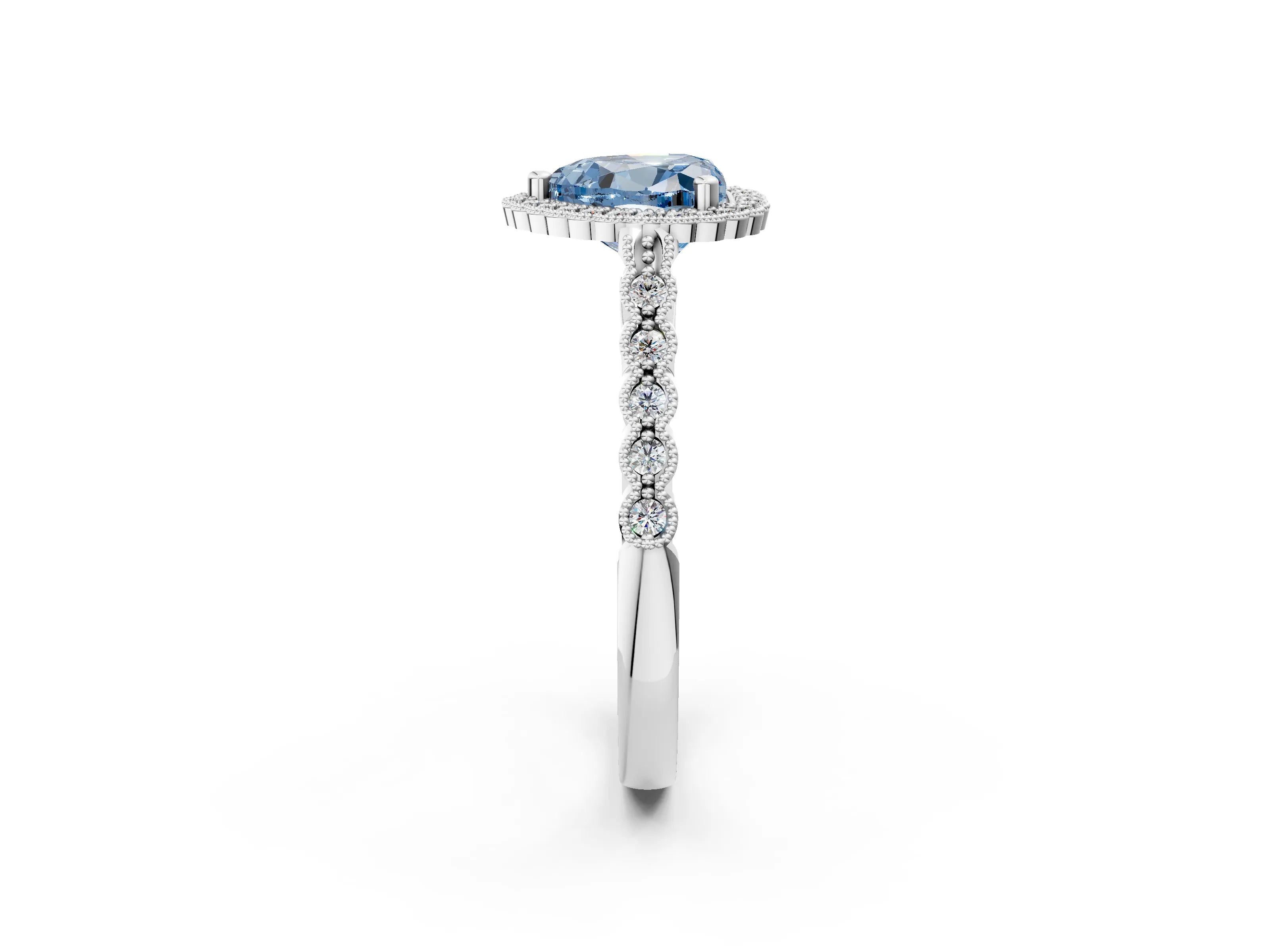 White gold Fancy Blue Heart Cut Cut Halo Pavé Solitaire Ring with Milgrain Band_14