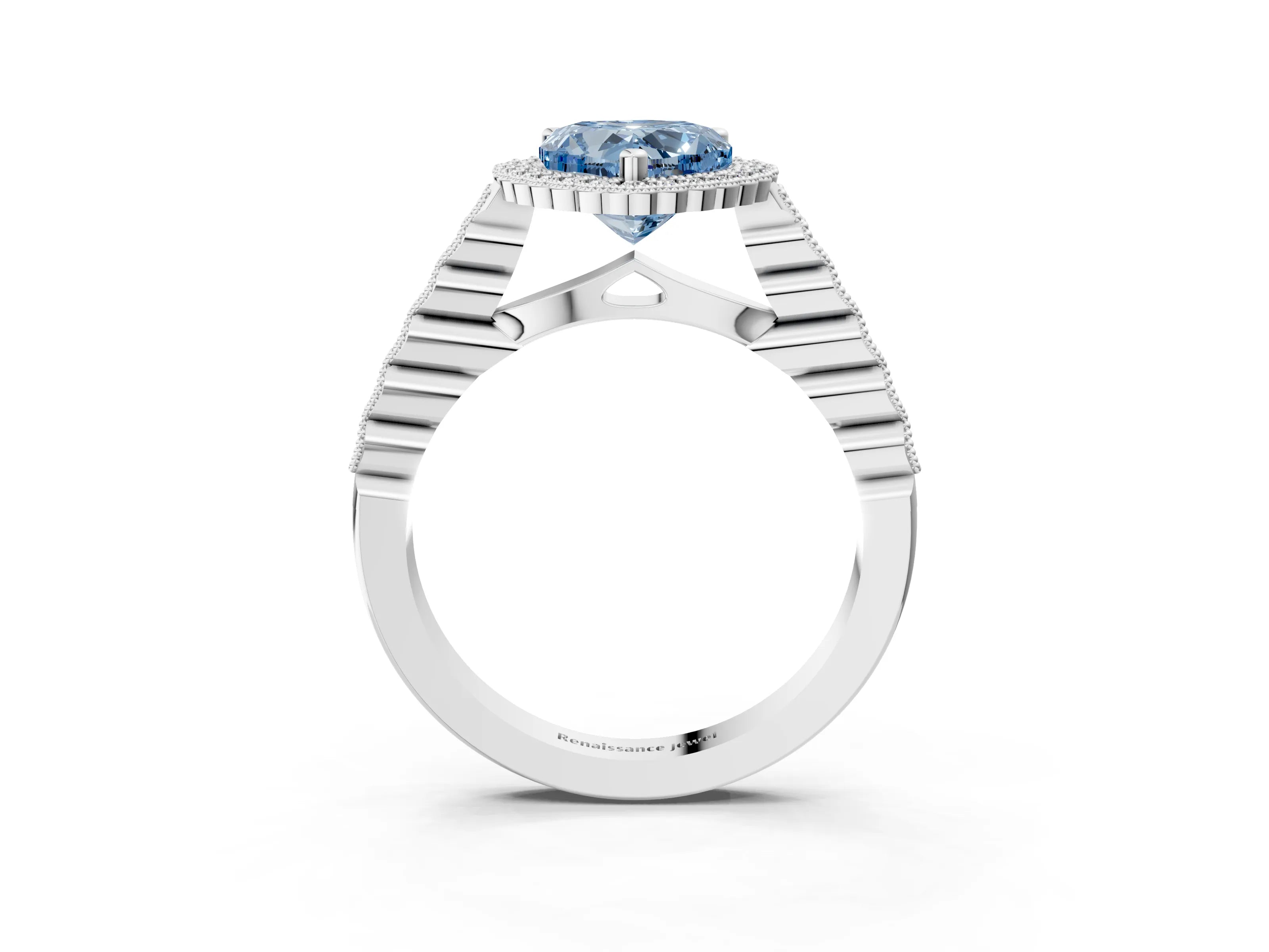 White gold Fancy Blue Heart Cut Cut Halo Pavé Solitaire Ring with Milgrain Band_15
