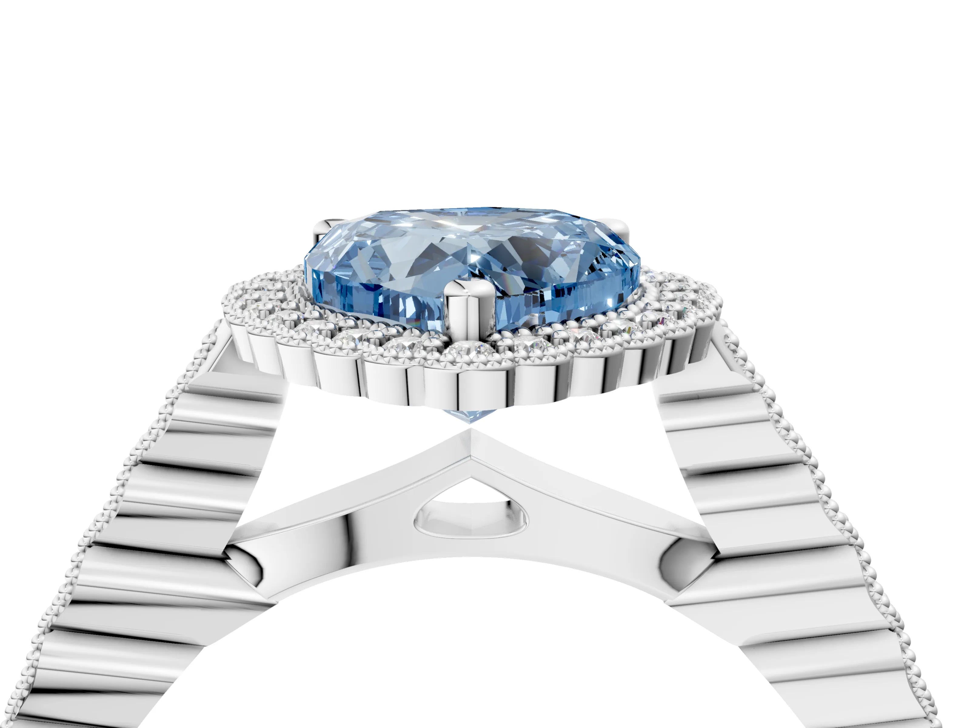 White gold Fancy Blue Heart Cut Cut Halo Pavé Solitaire Ring with Milgrain Band_16