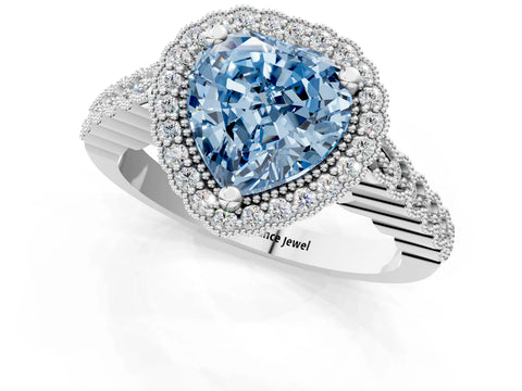 White gold Fancy Blue Heart Cut Cut Halo Pavé Solitaire Ring with Milgrain Band_1