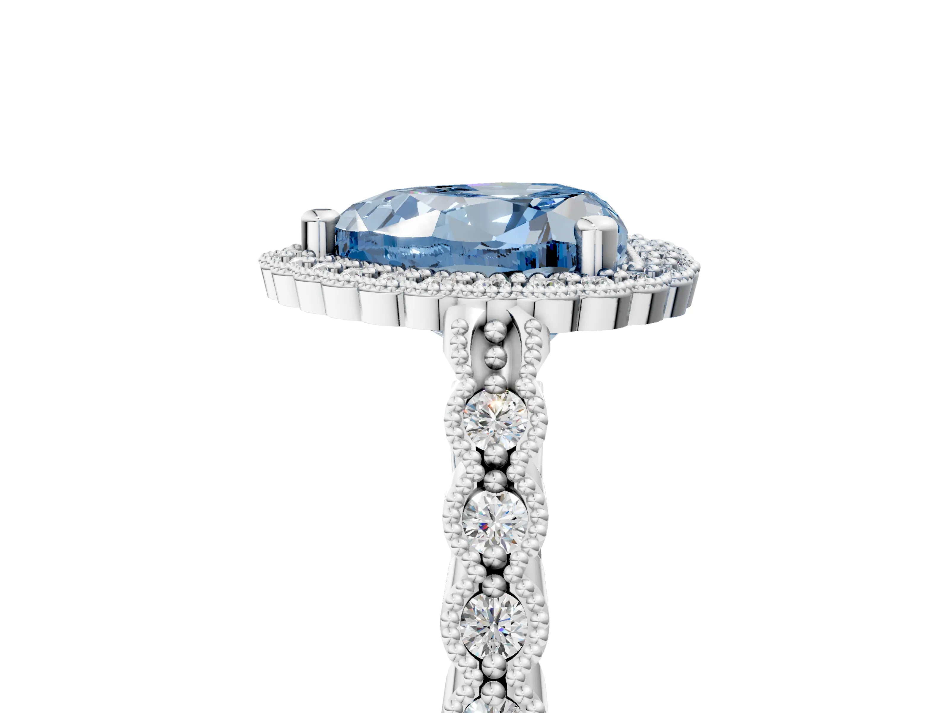 White gold Fancy Blue Heart Cut Cut Halo Pavé Solitaire Ring with Milgrain Band_5