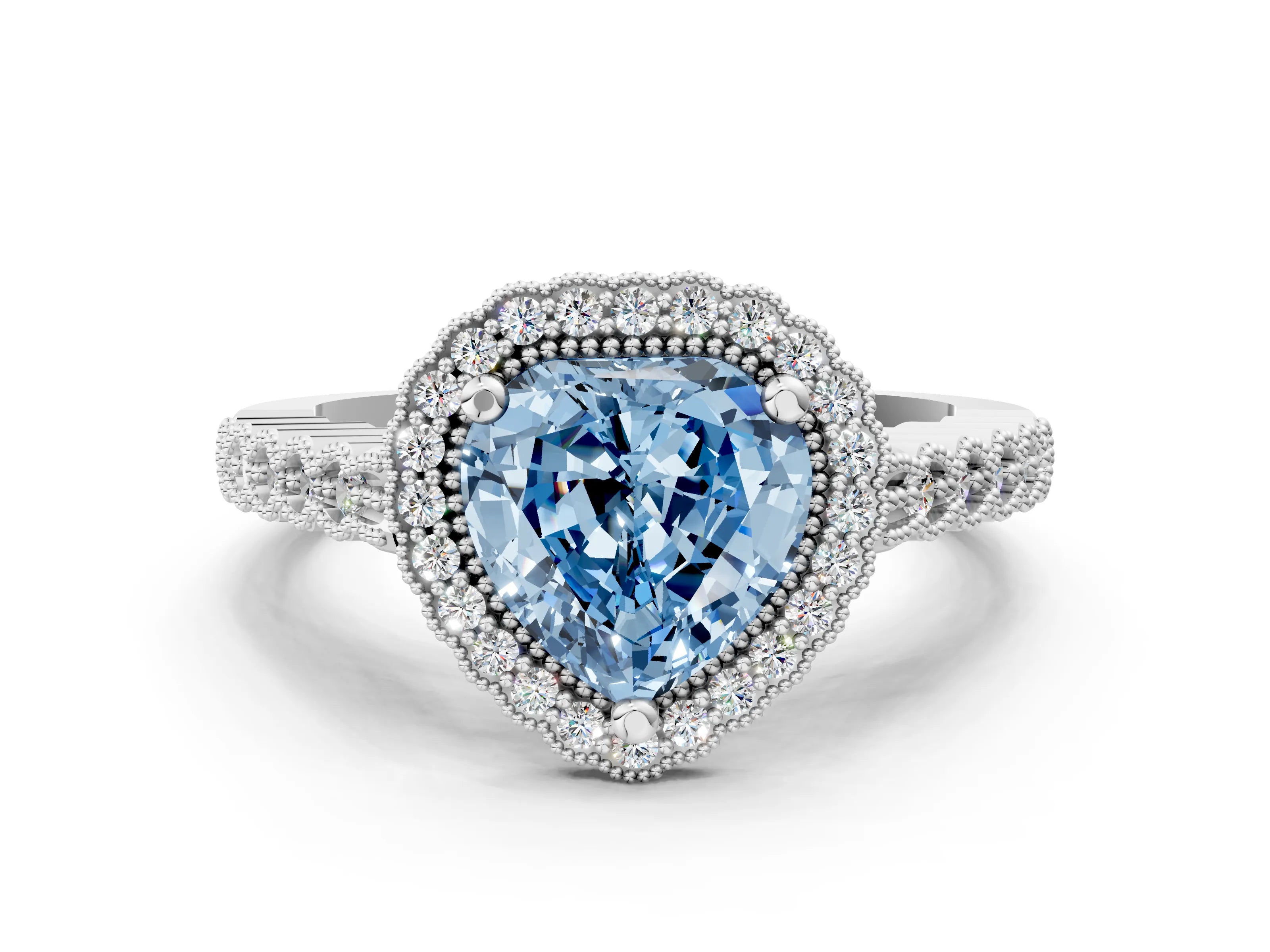 White gold Fancy Blue Heart Cut Cut Halo Pavé Solitaire Ring with Milgrain Band