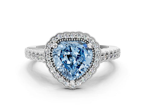White gold Fancy Blue Heart Cut Cut Halo Pavé Solitaire Ring with Milgrain Band