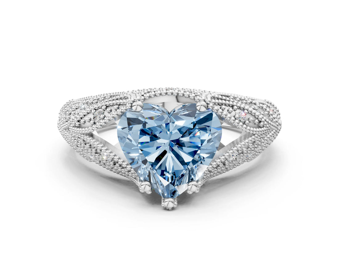 White gold Fancy Blue Heart Cut Cut Milgrain Pave Diamond Engagement Ring with Four-Prong Setting_3