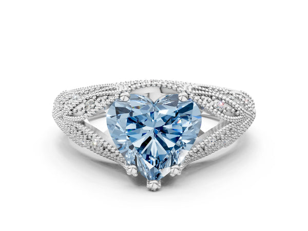 Platinum Fancy Blue Heart Cut Cut Milgrain Pave Diamond Engagement Ring with Four-Prong Setting