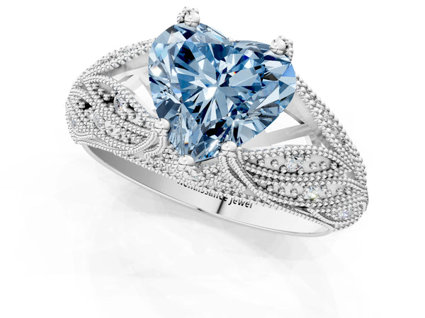 Platinum Fancy Blue Heart Cut Cut Milgrain Pave Diamond Engagement Ring with Four-Prong Setting